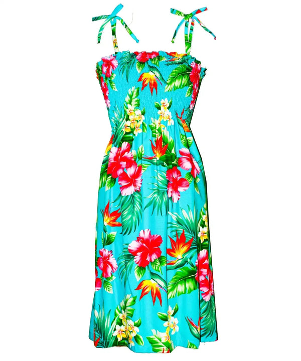 Hibiscus & Birds of Paradise Hawaiian Dress Smocked Top Marine