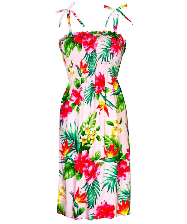 Hibiscus & Birds of Paradise Hawaiian Dress Smocked Top Pink