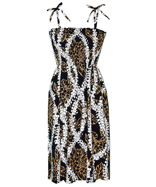 Hawaiian Dress Smocked Top Plumeria Lei Print Black