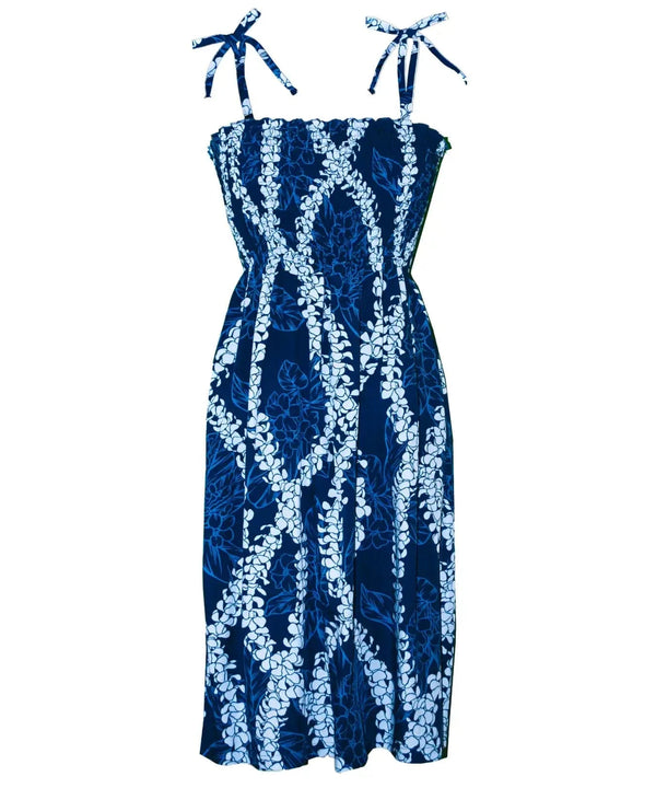 Hawaiian Dress Smocked Top Plumeria Lei Print Navy