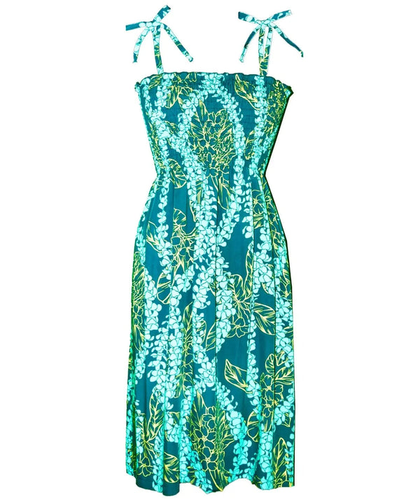 Hawaiian Dress Smocked Top Plumeria Lei Print Teal