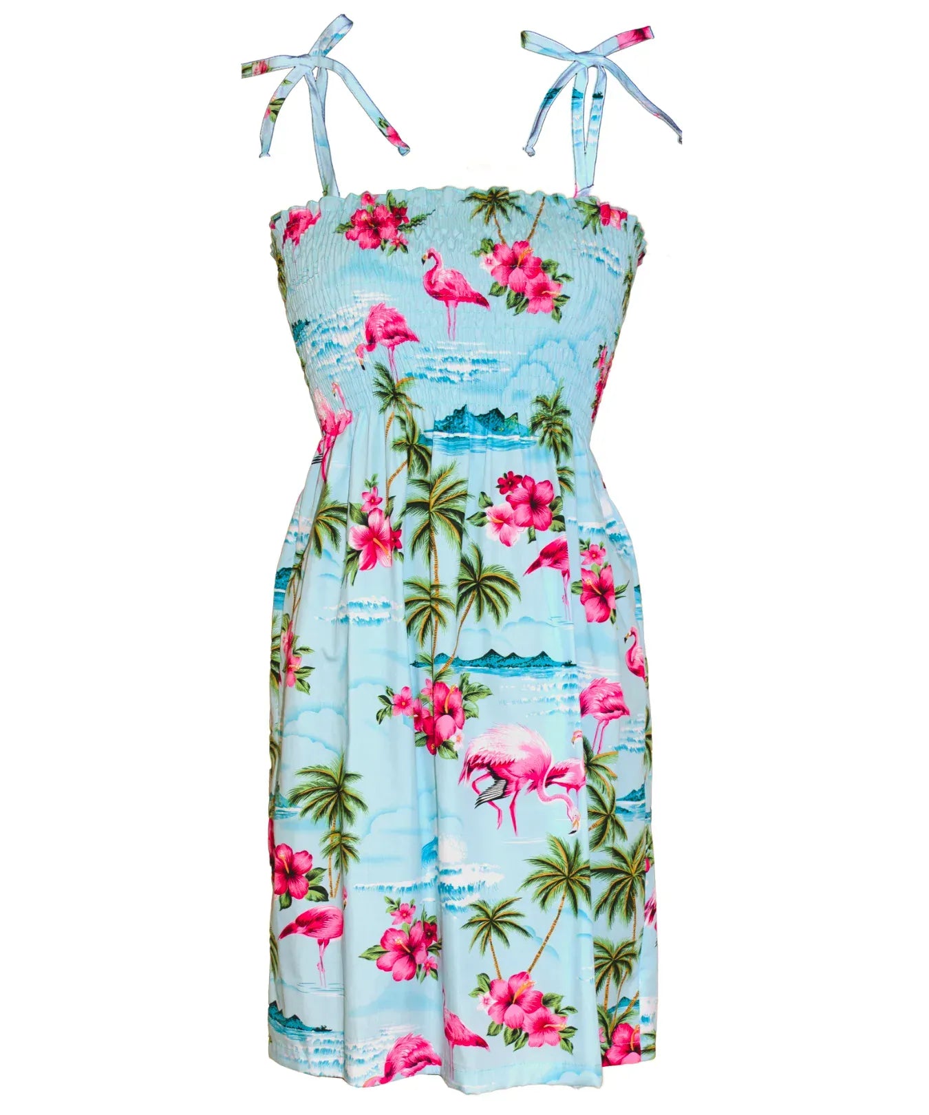 smock top dress Short Hawaiian Dress Smock Top Tropical Flamingos Blue / L