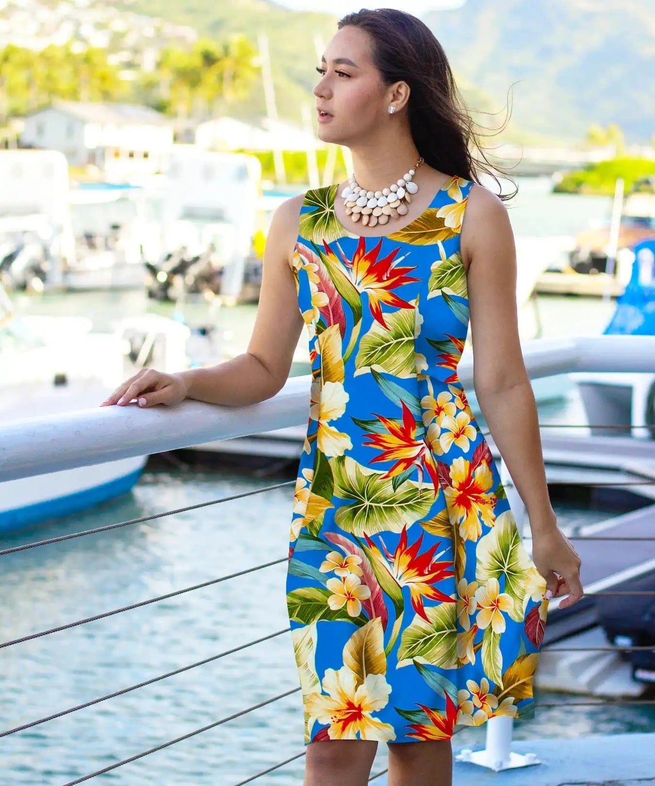 Midi Hawaiian Dress Bias Rayon Tropical Hibiscus & Plumeria Blue / XL Midi Hawaiian Dress Bias Rayon Tropical Hibiscus & Plumeria Blue / XL