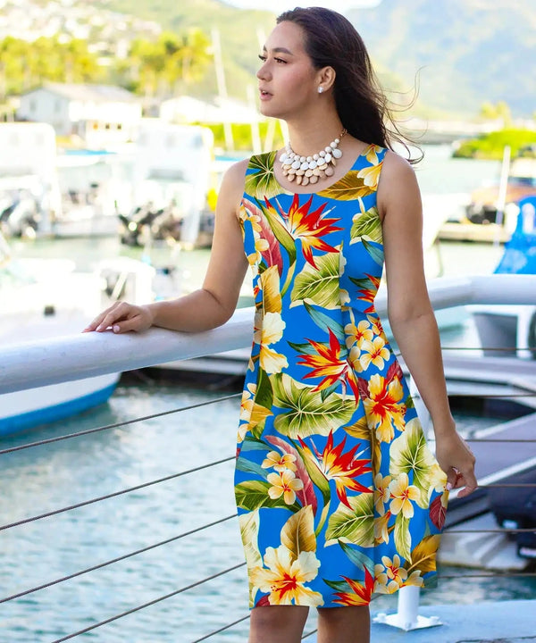 Midi Hawaiian Dress Bias Rayon Tropical Hibiscus & Plumeria Blue
