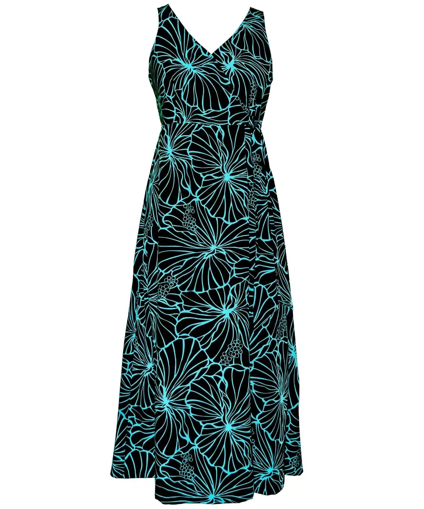 Gala Hibiscus Empire Waist Tea Length Hawaiian Dress Teal / XL Gala Hibiscus Empire Waist Tea Length Hawaiian Dress Teal / XL
