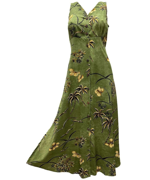 Retro Oasis Palms Long Maxi Cocktail Hawaiian Dress Moss