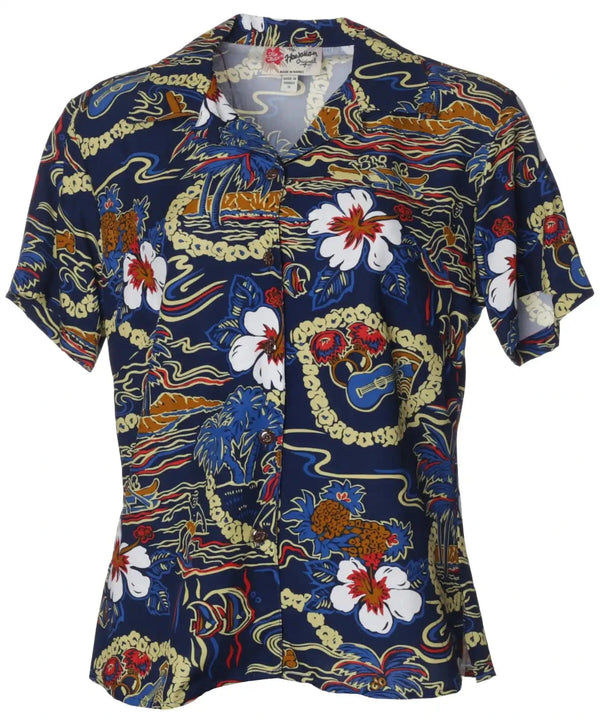 Vintage Scenic Hawaiian Camp Women's Shirt Navy