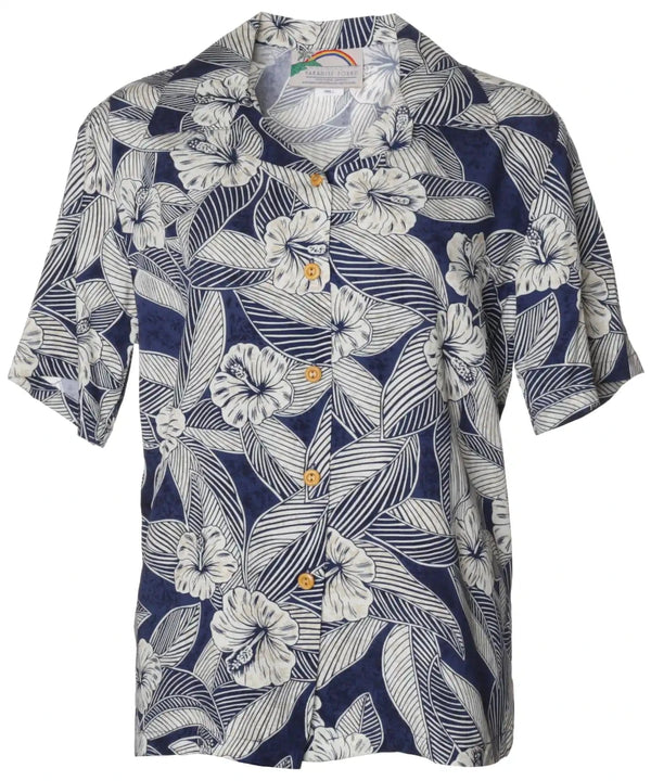 Camp Women's Hawaiian Shirt Hibiscus Twilight Beige