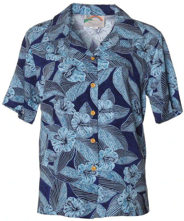 Camp Women's Hawaiian Shirt Hibiscus Twilight Turquoise