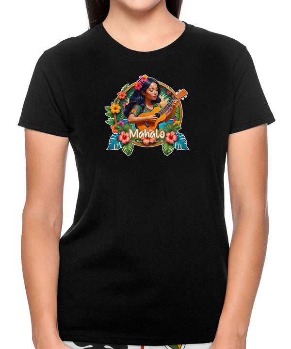 Women's Hawaiian Tee Mahalo Ukulele Print Black