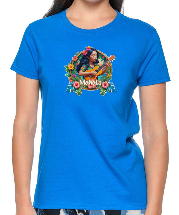 Women's Hawaiian Tee Mahalo Ukulele Print Blue