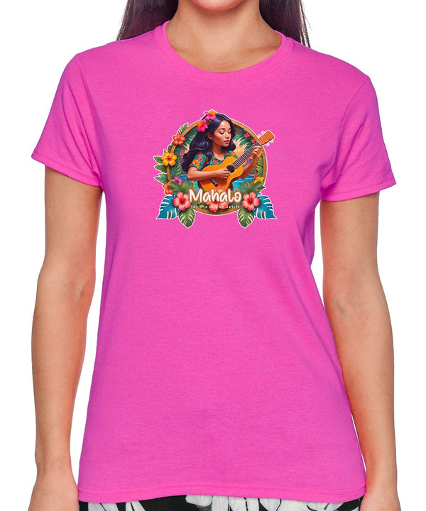 Women's Hawaiian Tee Mahalo Ukulele Print Pink
