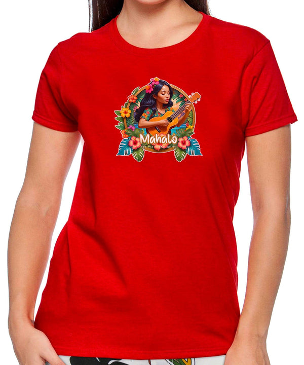 Women's Hawaiian Tee Mahalo Ukulele Print Red