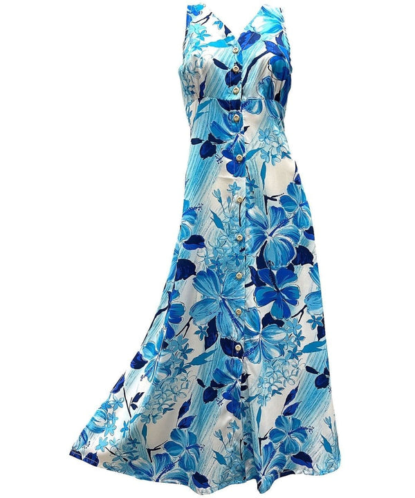 Watercolor Hibiscus Maxi Long Cocktail Dress Blue
