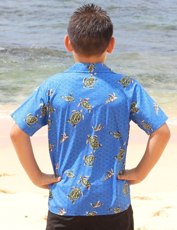 Aloha Shirt for Boys Happy Honu Blue Pacific Legends