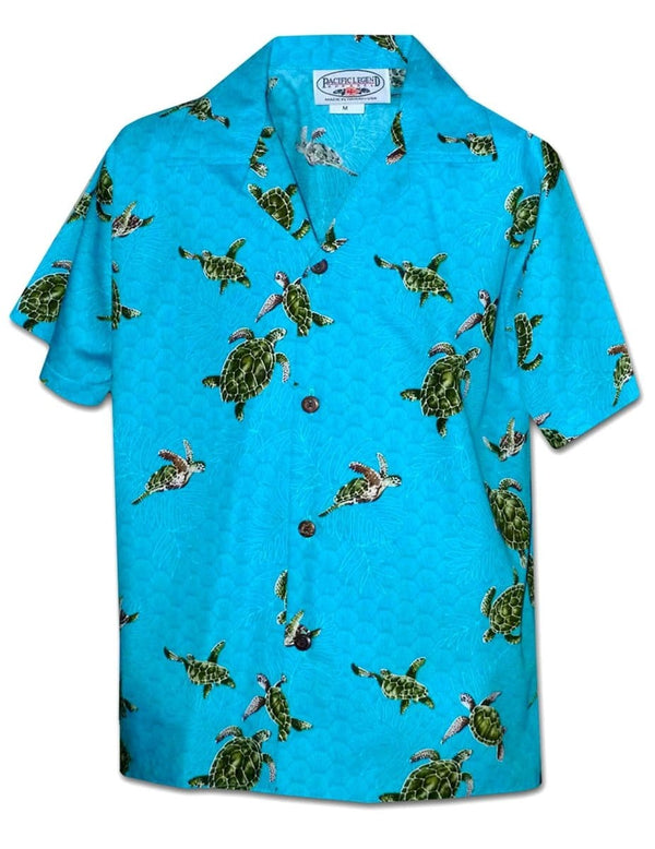 Aloha Shirt for Boys Happy Honu Turquoise Pacific Legends