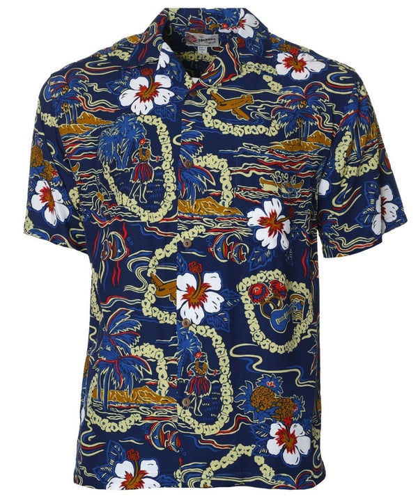 Aloha Shirt Vintage Scenic Hawaii Navy Hilo Hattie