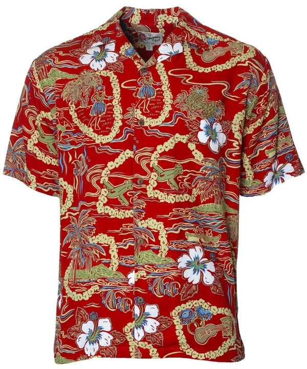 Aloha Shirt Vintage Scenic Hawaii Red Hilo Hattie