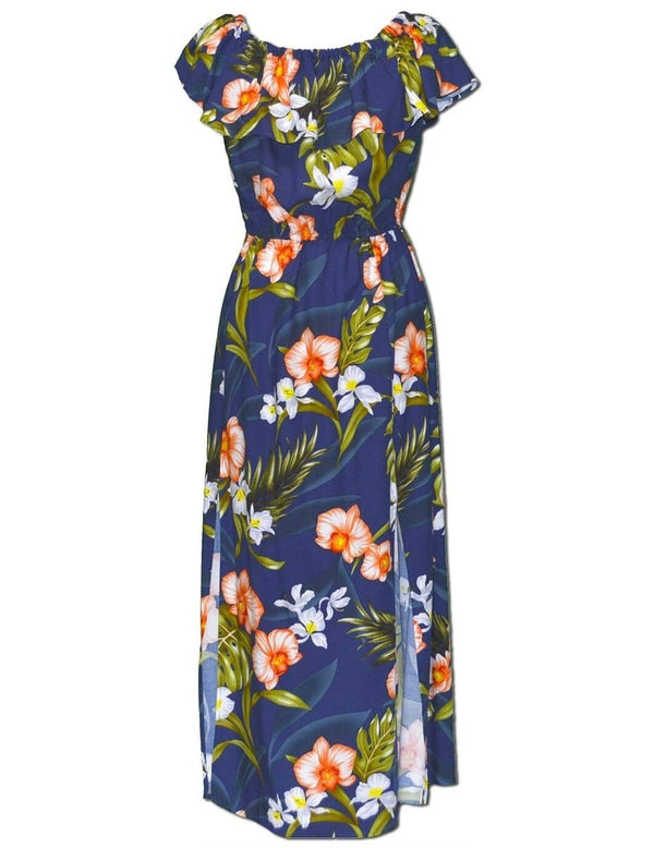 Ankle Length Dress Off Shoulder Passion Orchids Navy