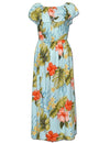 Ankle Length Dress Off Shoulder Waipio Hibiscus Aqua
