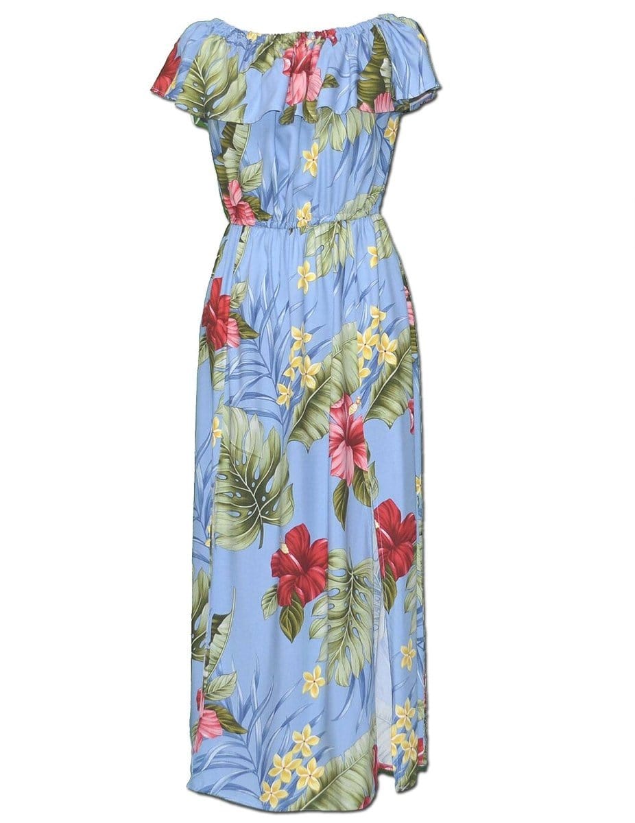Ankle Length Dress Off Shoulder Waipio Hibiscus Blue / S Ankle Length Dress Off Shoulder Waipio Hibiscus Blue / S