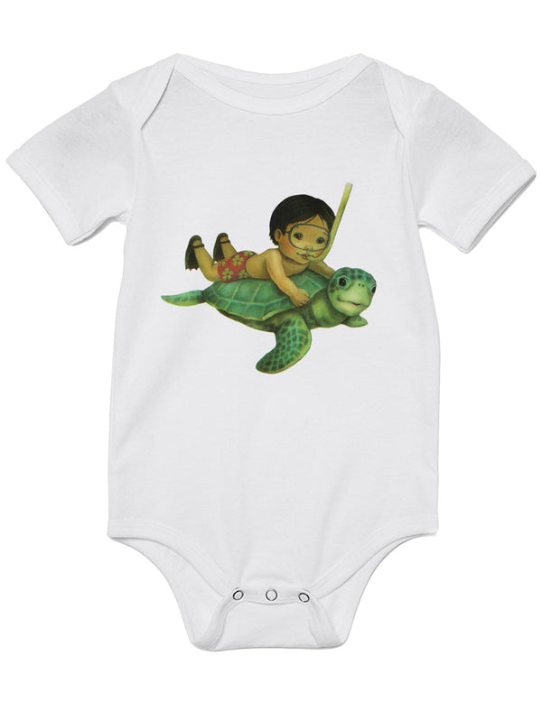 White Baby Onesie Fun and Cute Design White Turtle Snorkeler Baby Boy