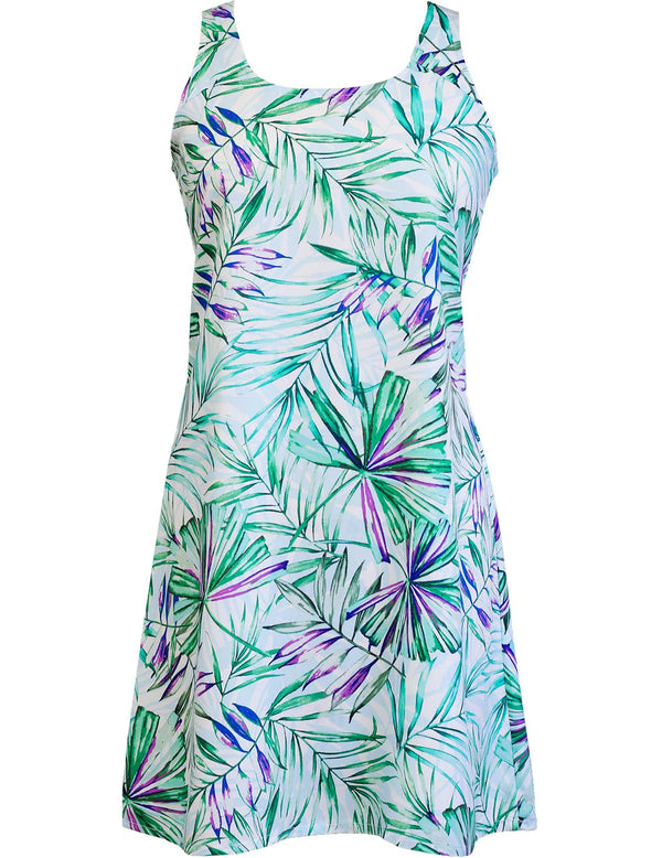 A-Line Hawaiian Dress Back Cutout Watercolors Palms Green