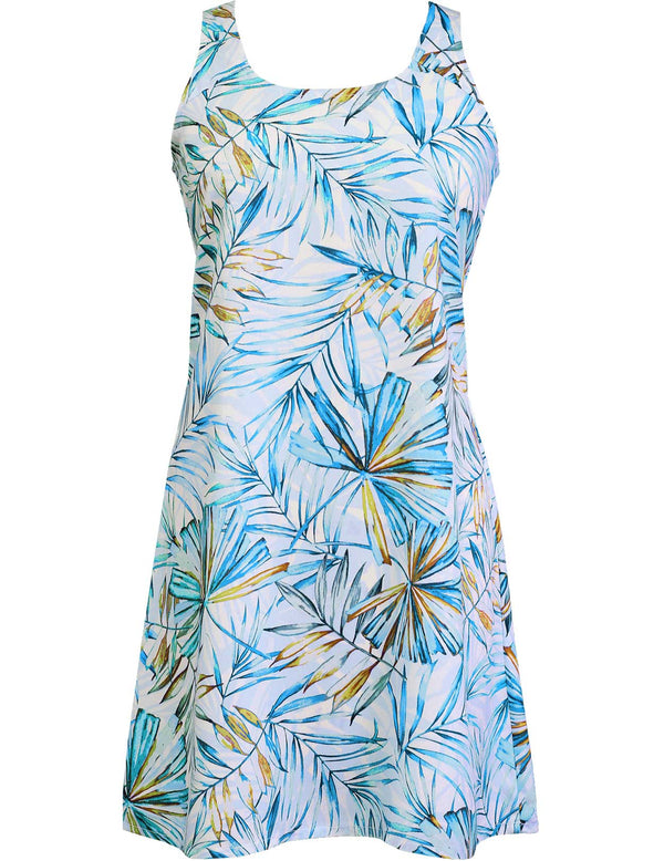 A-Line Hawaiian Dress Back Cutout Watercolors Palms Light Blue