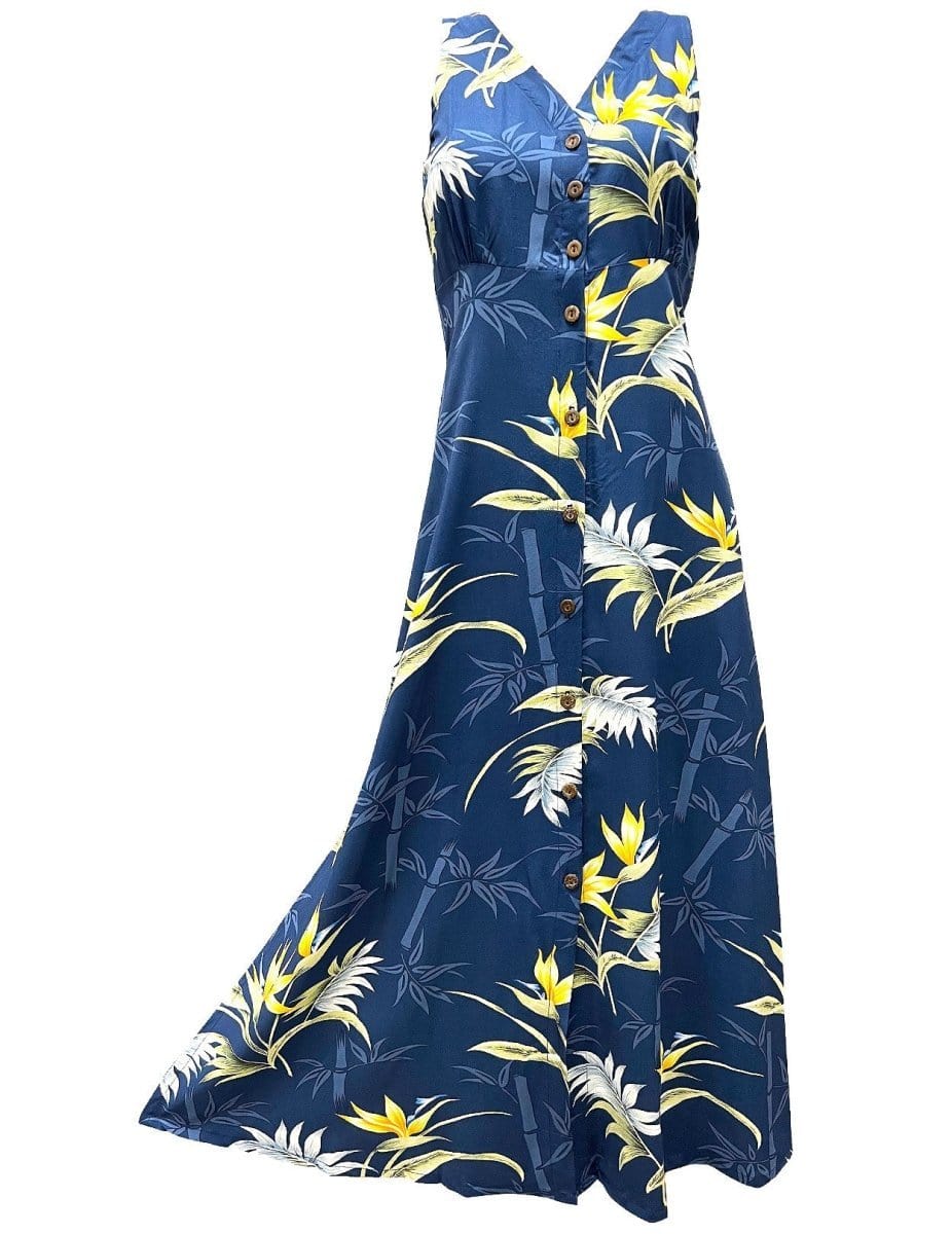 Bamboo Paradise Long Cocktail Navy Hawaiian Dress Navy / 2XL Bamboo Paradise Long Cocktail Navy Hawaiian Dress Navy / 2XL