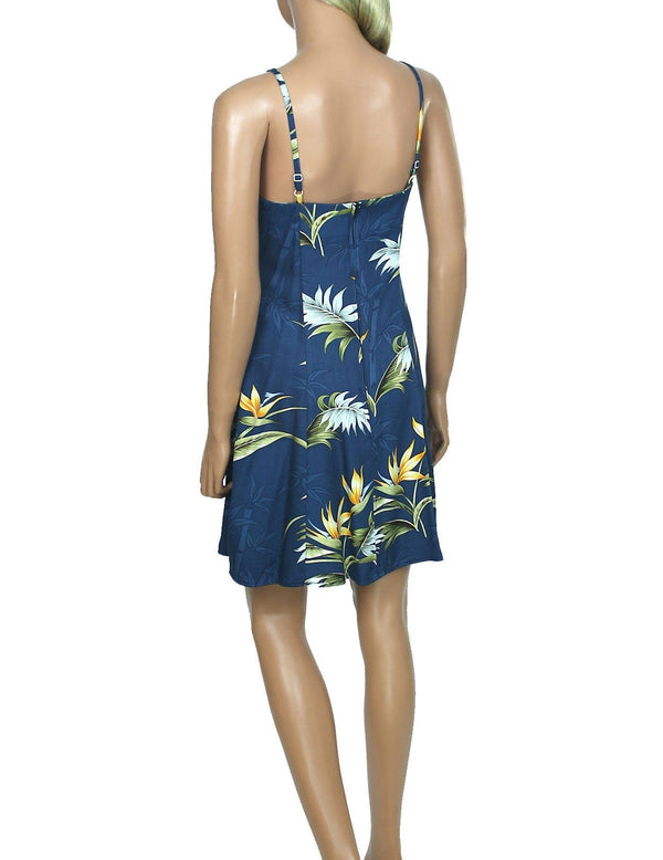 Bamboo Paradise Spaghetti Strap Hawaiian Dress in Navy
