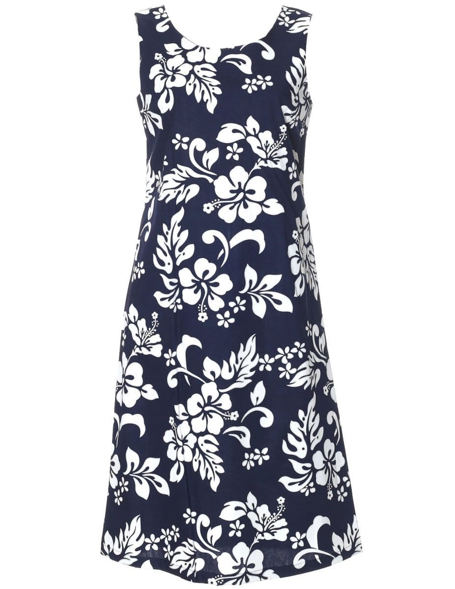 Bias Knee Length Hawaiian Dress Island Hibiscus Navy / 2XL Bias Knee Length Hawaiian Dress Island Hibiscus Navy / 2XL