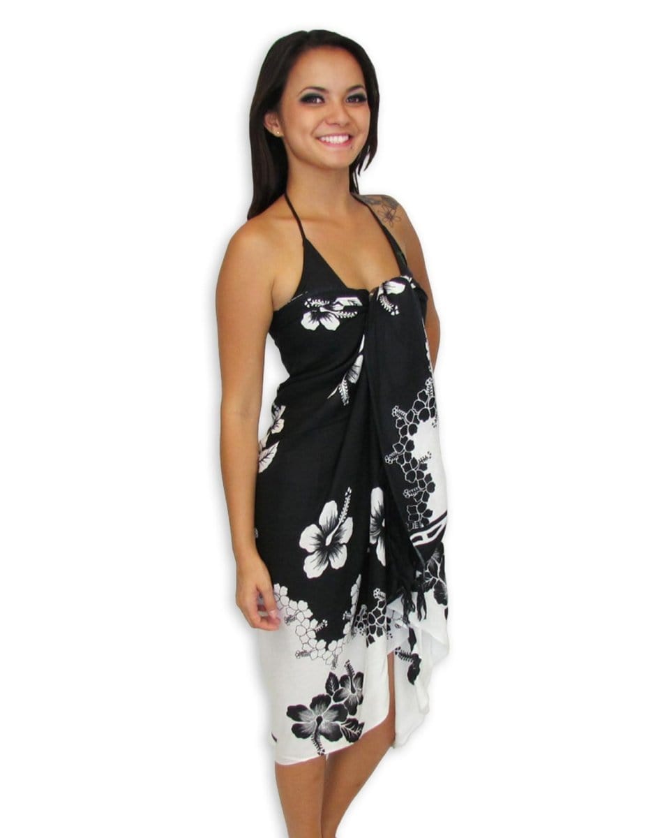Black-White Hibiscus Sarong Beach Cover-Up Black-White Hibiscus Sarong Beach Cover-Up