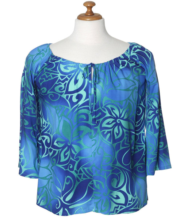 Tribal Tiare Peasant Blouse Top 3/4 Sleeve Navy