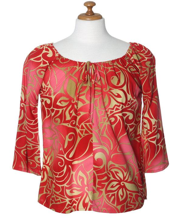 Tribal Tiare Peasant Blouse Top 3/4 Sleeve Red