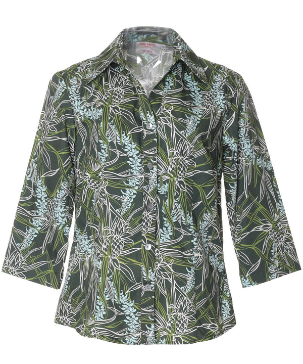 Women Hawaiian Blouse 3/4 Sleeves Fresh Pineapples Green
