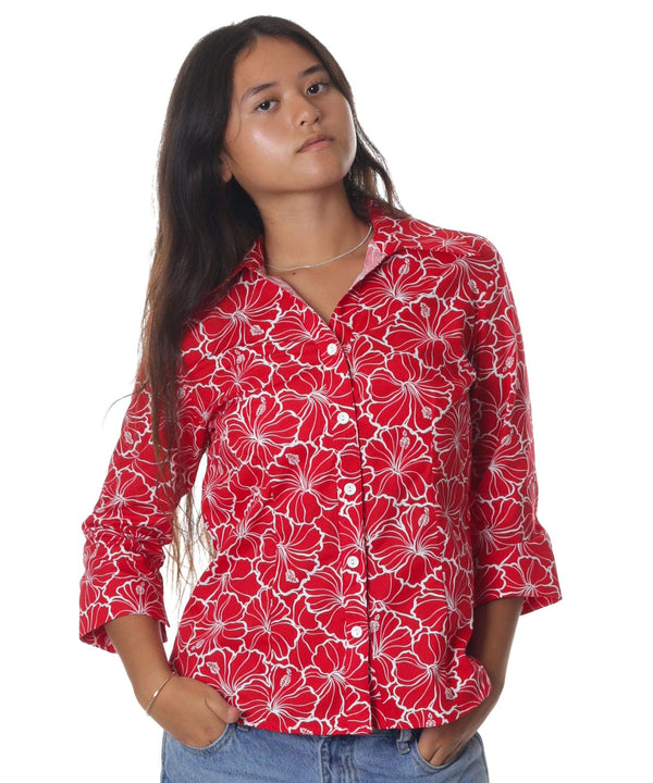 Women's Aloha Shirt Blouse 3/4 Sleeves Hibiscus Red