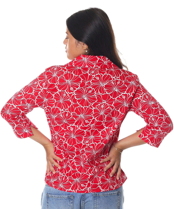 Women's Aloha Shirt Blouse 3/4 Sleeves Hibiscus