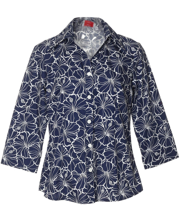 Women's Aloha Shirt Blouse 3/4 Sleeves Hibiscus Navy