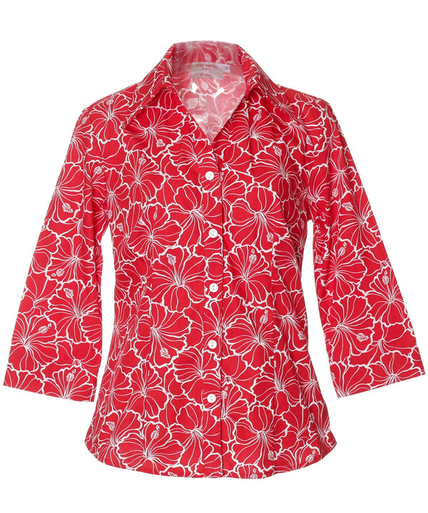 Women's Aloha Shirt Blouse 3/4 Sleeves Hibiscus