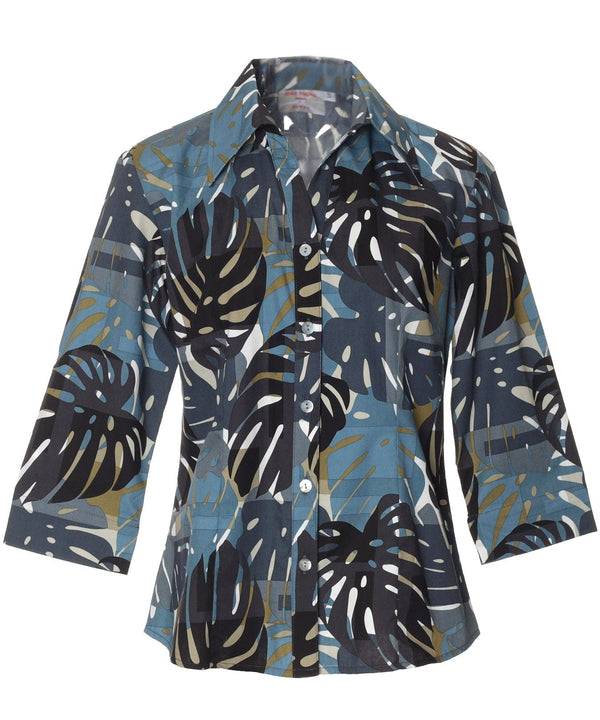Women's Aloha Shirt Blouse 3/4 Sleeves Monstera Gray