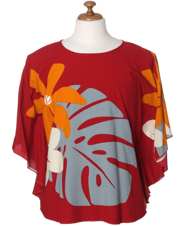 Blouse Caftan Poncho Tunic Tiare Monstera Red