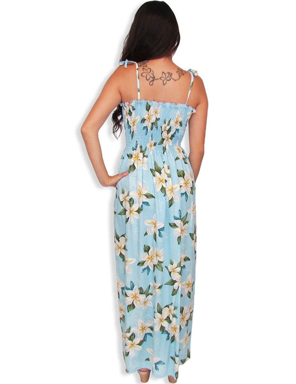 Blue Smocked Long Hawaiian Dress Plumeria Sky