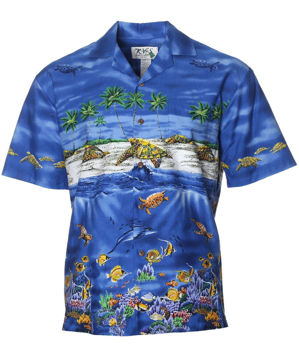 Border Hawaiian Shirt Beach Turtles Navy
