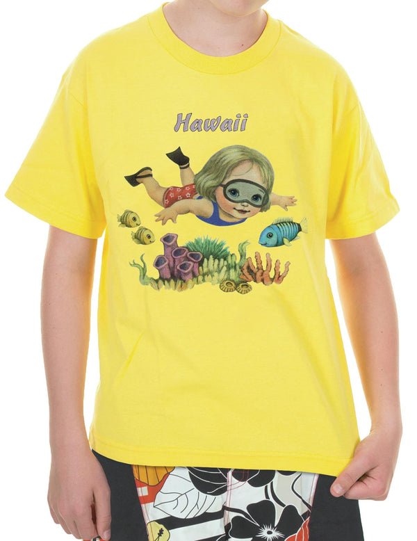 Kid's T-Shirt Girl Diver Sea Life Reef Yellow