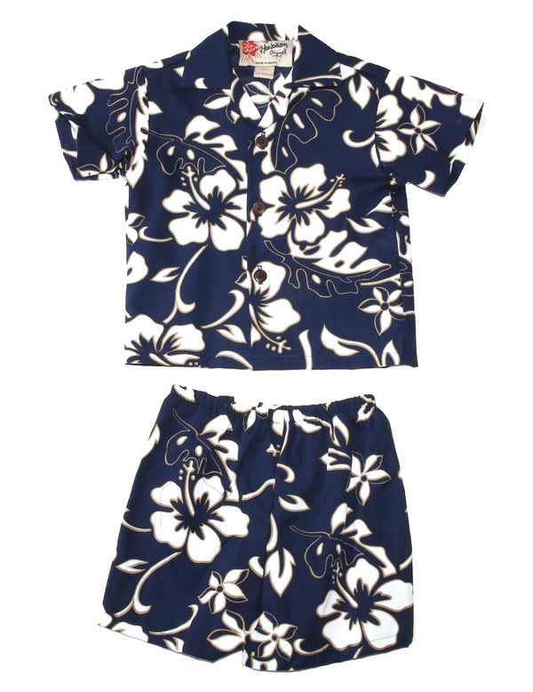 Classic Hibiscus Pareo Boy's 2 Piece Cabana Set or Shirt Navy