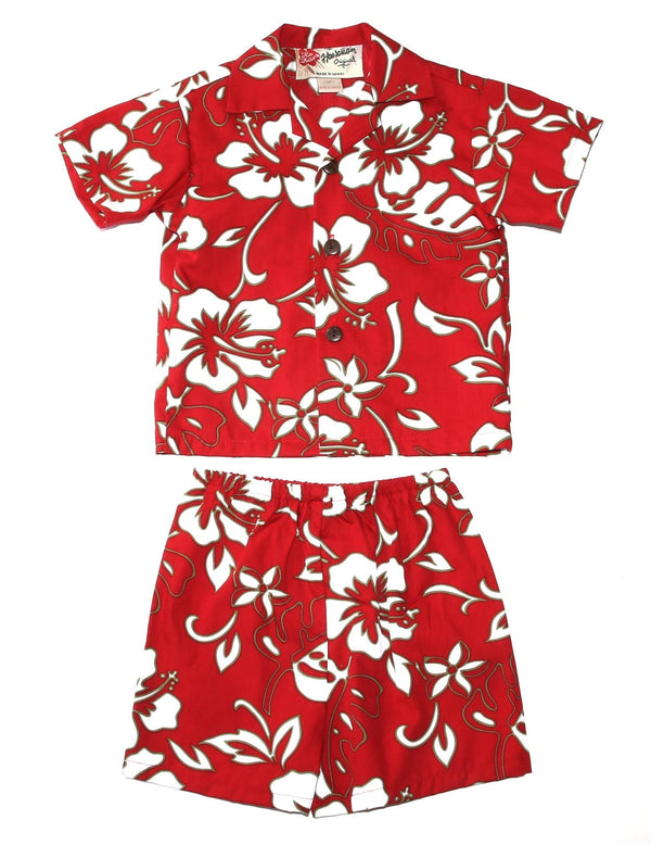 Classic Hibiscus Pareo Boy's 2 Piece Cabana Set or Shirt Red