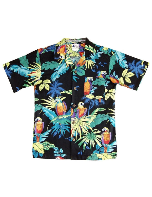 Boys Hawaiian Shirt Parrots Paradise Black