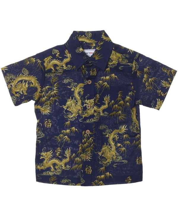 Boys Hawaiian Shirt Button-Up Dragon Tales Navy Mae Young Designs
