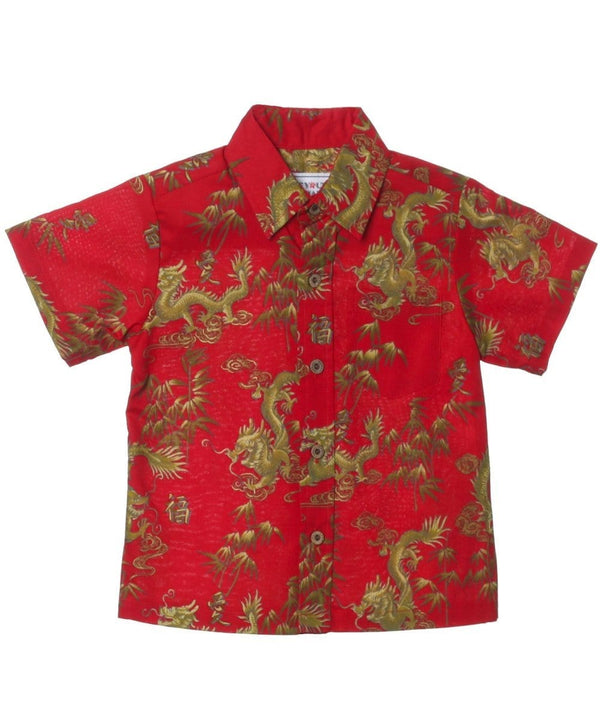 Boys Hawaiian Shirt Button-Up Dragon Tales Red Mae Young Designs
