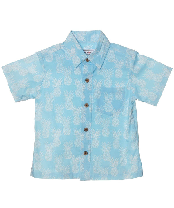 Boys Hawaiian Shirt Button-Up Pineapples Dude Blue Mae Young Designs